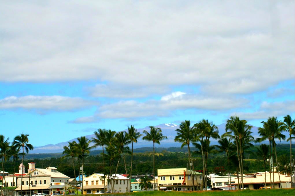 downtown Hilo and snow capped Mauna Kea