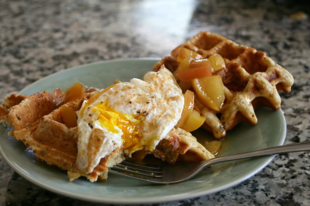 Waffles with apple kumquat sauce and a fried egg 