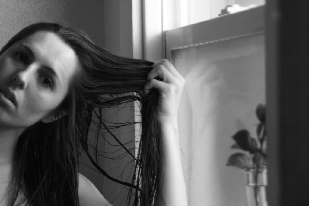 mirror hair wet shower portrait black and white
