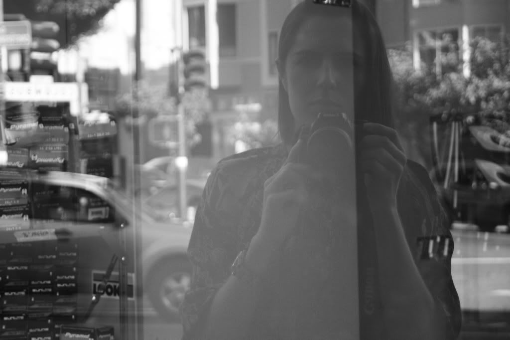 reflection window photo black and white woman portrait