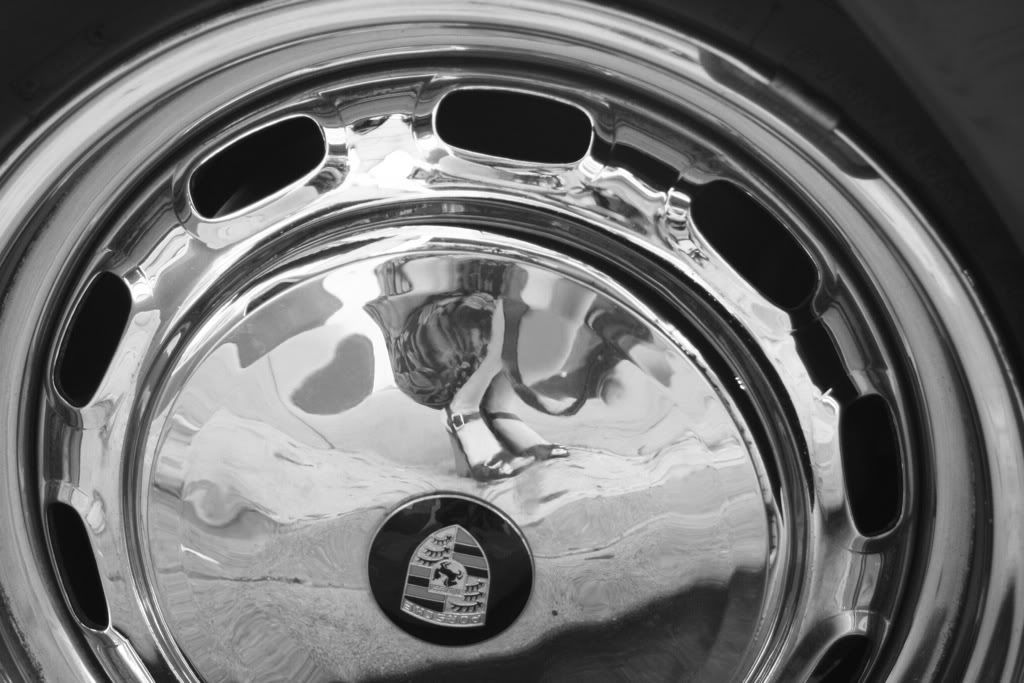 porsche rims tires reflection black and white