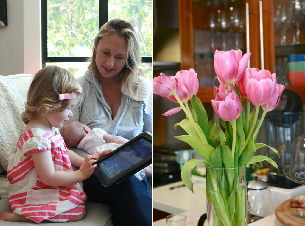 family and tulips