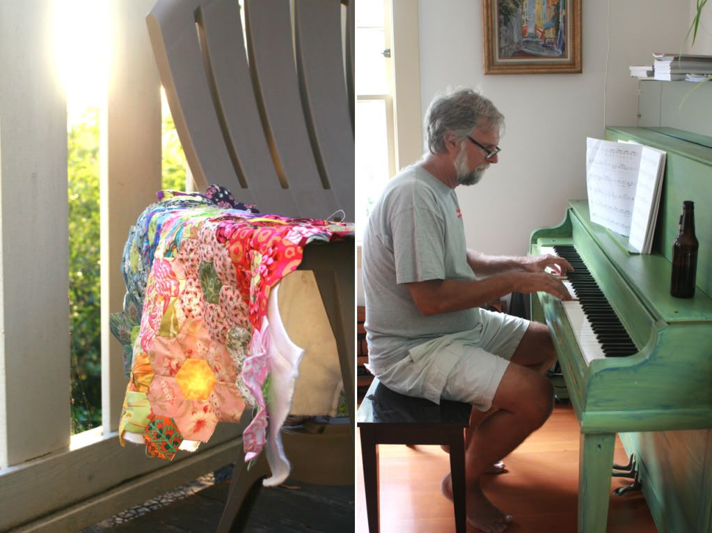 mom quilting dad piano playing